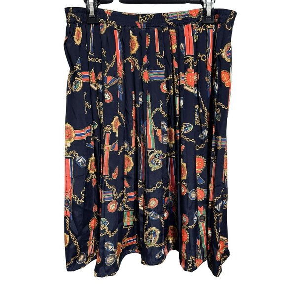 Vtg Alfred Dunner Sz 18 Navy Pleated Midi Skirt Military Metals Chains Ribbon - Picture 1 of 5